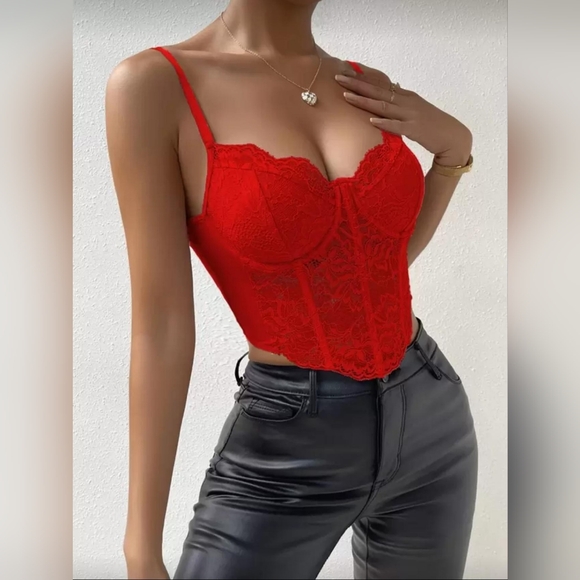 TOP RED Sleeveless floral lace top tube top bustier vest corset top red summer - Picture 12 of 14